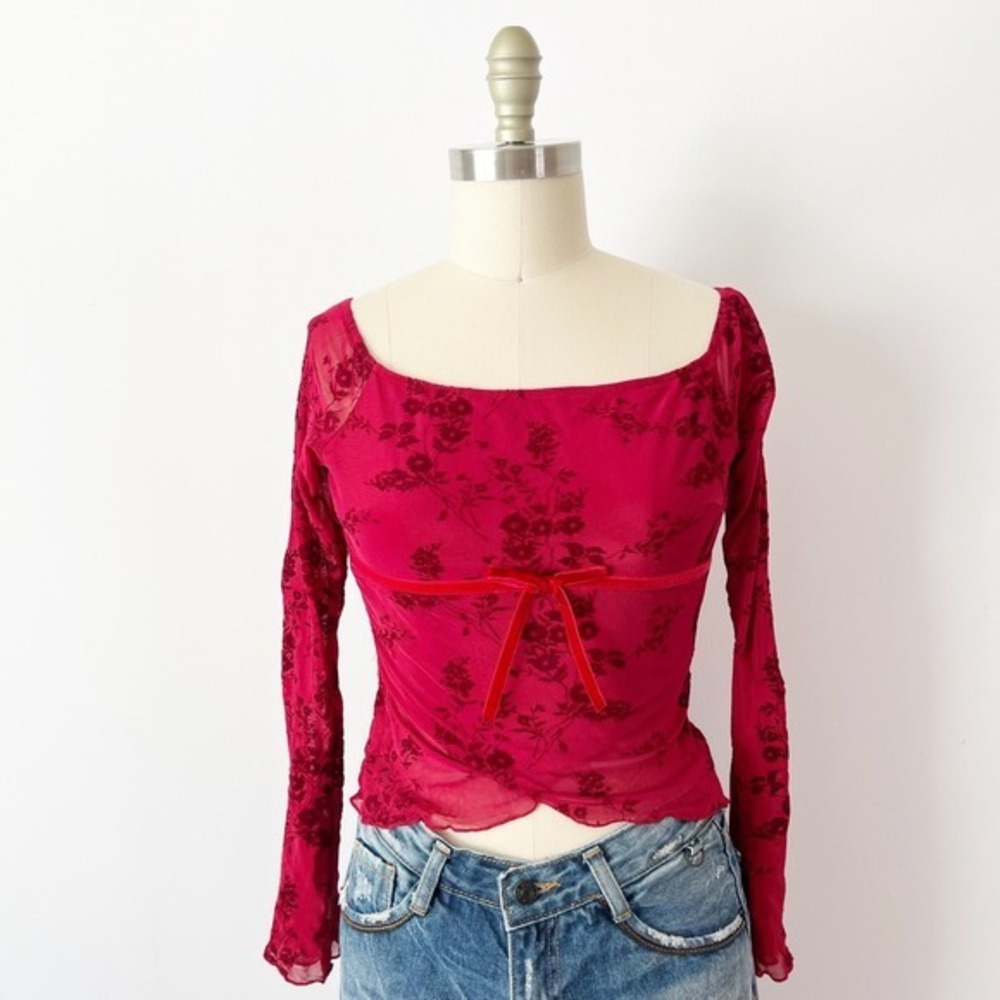 Cider Mesh Top Red Floral Burnout Velvet Ribbon Tie Square Neck Long Sleeve S‎